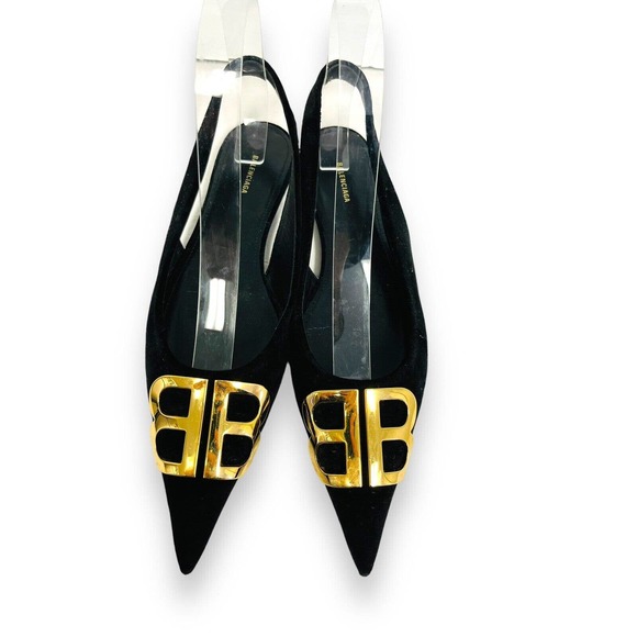 BALENCIAGA Black Velvet BB Knife Logo Slingback Pointed Toe Flats Size 36 US 6 - Picture 4 of 9
